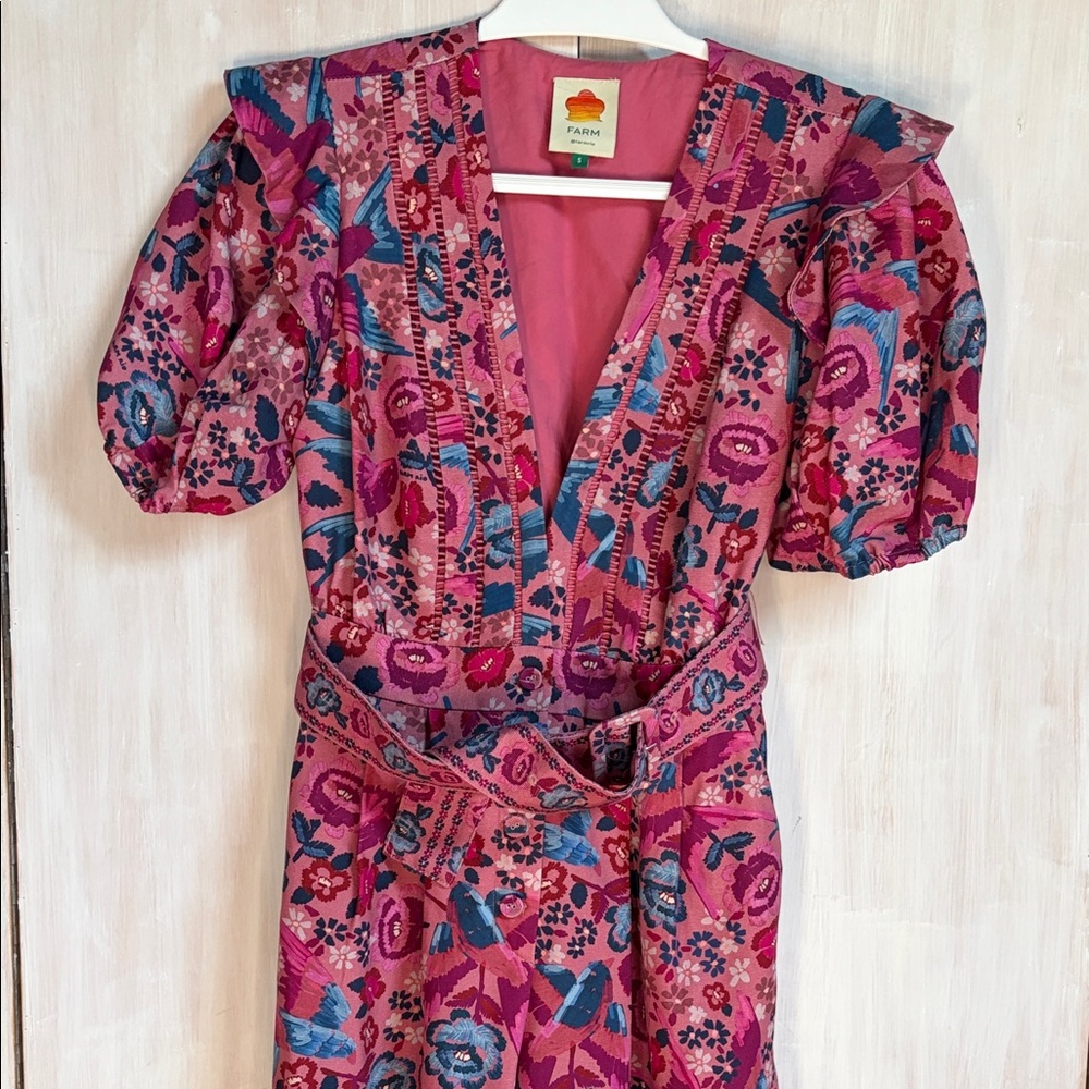 FARM Rio Pink Floral V-Neck Puff Sleeve romper with Belt